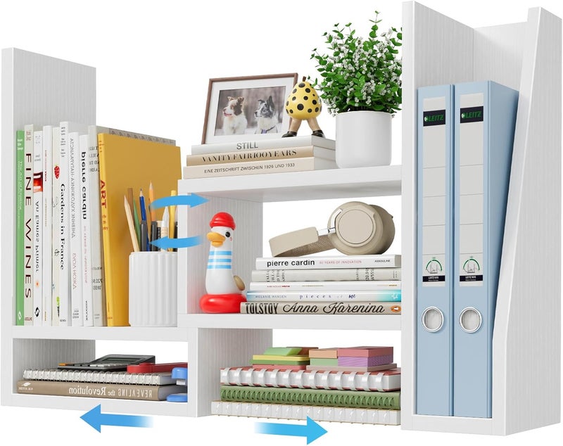 NUTIKAS Desktop File Organizer Desk Organizer Shelf - White Office Organization Shelves for Top of Desk Organizers and Accessories Corner Bookshelf Table Top Shelving Small Hutch Decorations for Women Office - Image 1